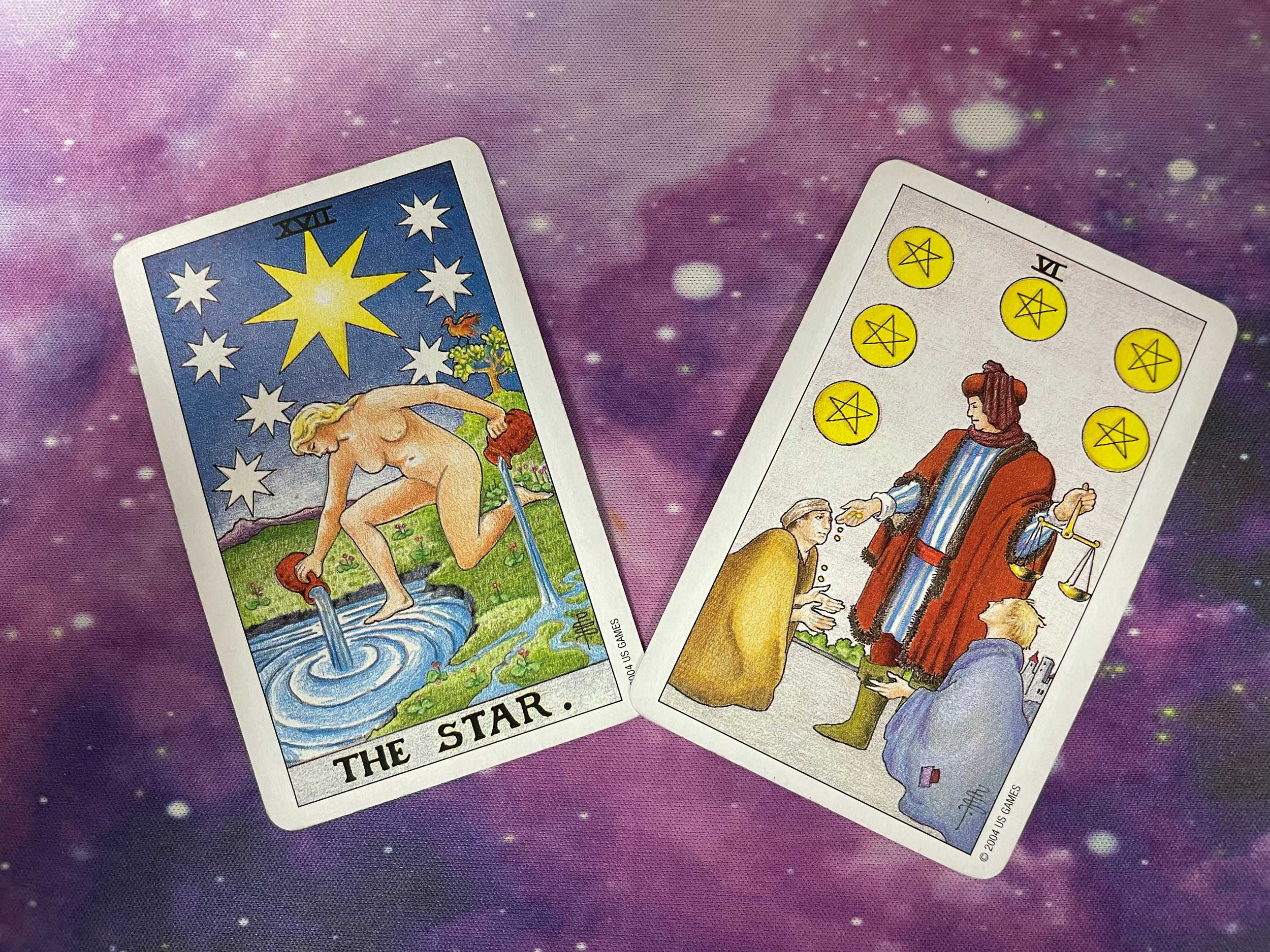 The Star and Six of Pentacles tarot cards